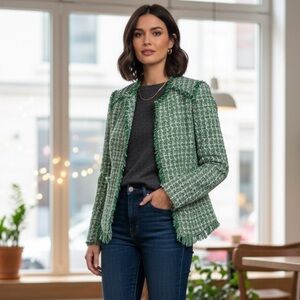 Mango Sz S Tweed Green Elegant Open Front Blazer